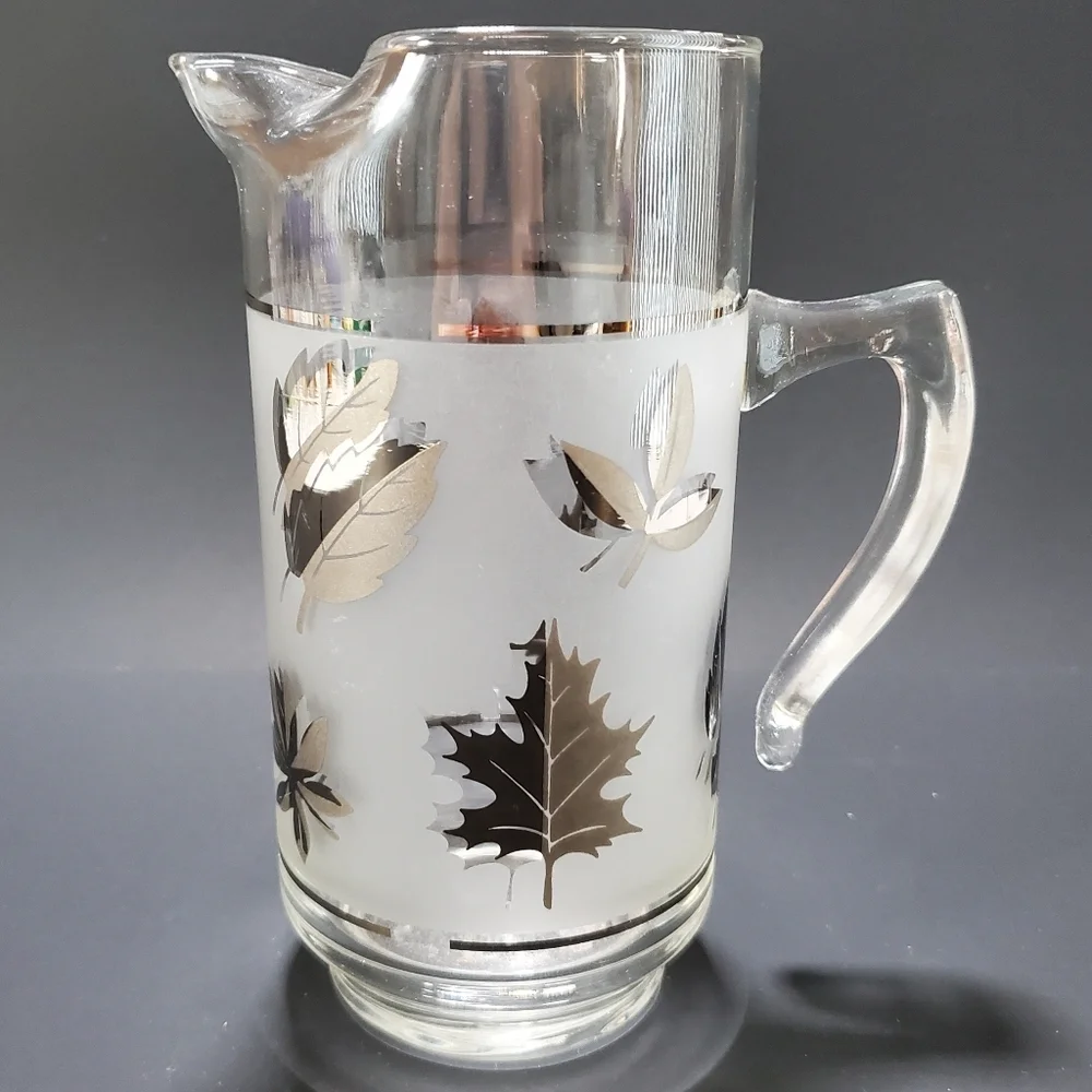 Libbey Vintage Silver Leaf Frosted Glass Pitcher & Pillar Glasses Cocktail Set